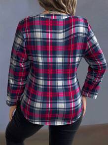 Calvaya 大尺碼女士方格紋縐襯領綁帶下擺長袖t恤 - 玫紅色 - 查看 2