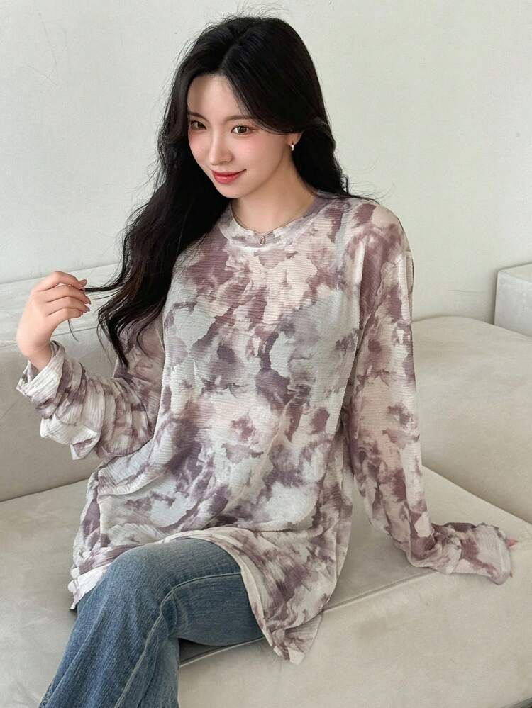 Women's Tie-Dye Casual Sheer Mesh Top For Spring/Summer Long Sleeve Women Tops