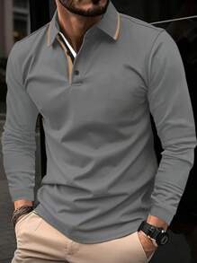 Manfinity Homme Men's Spring & Autumn Fashionable Business Simple Color Turn Down Collar Polo Shirt - Dark Grey - View 1