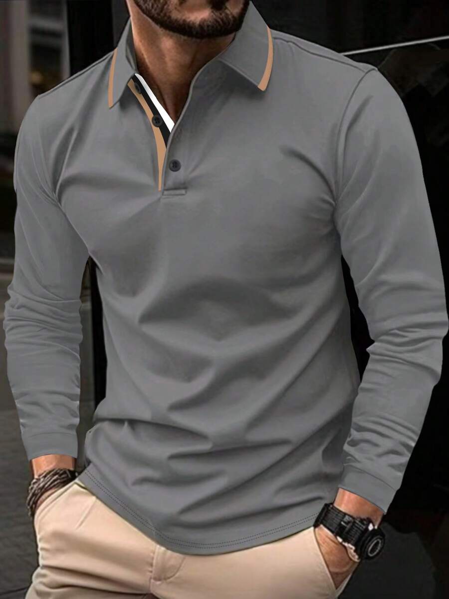 Manfinity Homme Men's Spring & Autumn Fashionable Business Simple Color Turn Down Collar Polo Shirt - Dark Grey - View 1