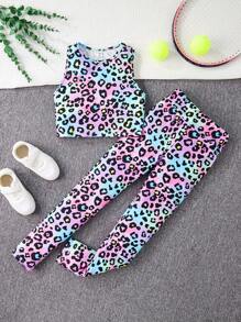SHEIN 少女運動風彩色豹紋針織背心和打底褲套裝，適用於春夏季