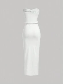 SHEIN MOD Của phụ nữ Trắng Mặt trước xoắn Áo không dây Và Chân váy dài Bộ - trắng - Xem 2