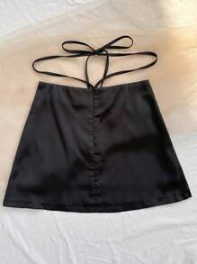 Soleia Solid Color A-Line Mini Skirt With Sash Festival Outfits - Black - View 2