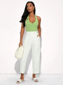 SHEIN BASICS Women's Fashionable White High Waist Straight Legged Cropped Trousers With Lining - White - View 5