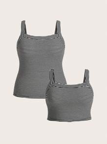 SHEIN BASICS 大尺碼2入組夏季休閒修身無袖針織條紋背心 - 黑與白 - 查看 1
