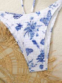 SHEIN Swim 夏季海灘女性度假風格植物印花斜肩比基尼套裝 - 藍白色 - 查看 7