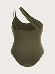 SHEIN BASICS 大码女式时尚纯色不对称无袖针织紧身连衣裤 - 墨綠色 - 查看 7