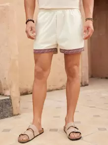 Manfinity VCAY Men's Casual Weaving Shorts With Pockets, Geometric Printed Patchwork Graphic Vacation Color Block Shorts, For Husband, Boyfriend Gifts