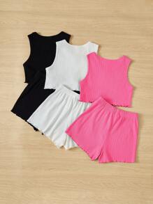 SHEIN Leap Crew 少女針織純色V領背心和短褲3件套夏季休閒套裝 - 西瓜粉 - 查看 2