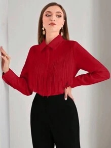 Modelyn Solid Color Fringed Collar Long Sleeve Shirt For New Year Clothes Fall Cloth For Women - Red - View 5