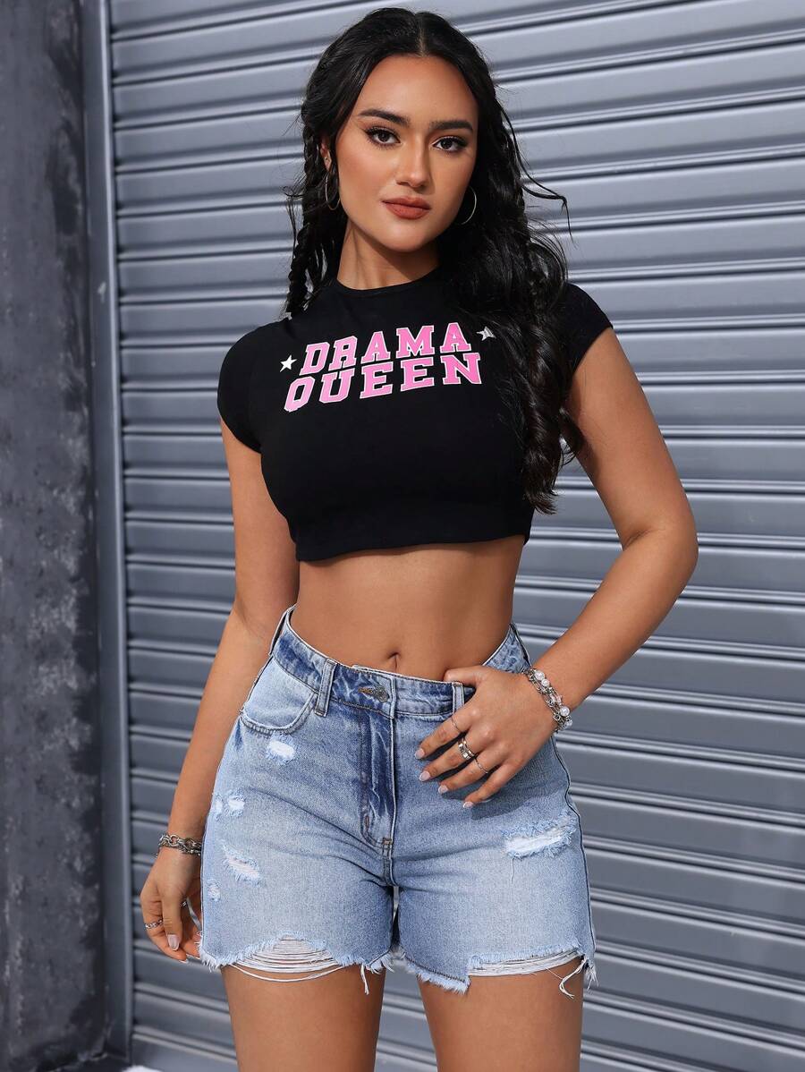 SHEIN EZwear Quý cô Đau khổ Quần short Denim Với Túi - Rửa nhẹ - Xem 1