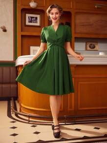 Vintamour Vestido corto de mujer elegante y vintage con mangas abullonadas, cuello en V y nudo delantero, ideal para primavera/verano, Día de la Madre, vestidos de verano, vestidos de fiesta, bodas, graduaciones, fiestas, trabajo, y con estética de "Old Money" en color verde - Verde - Ver 10