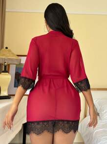 Lace & Mesh Splice Sexy Lingerie Dress - Burgundy - View 2