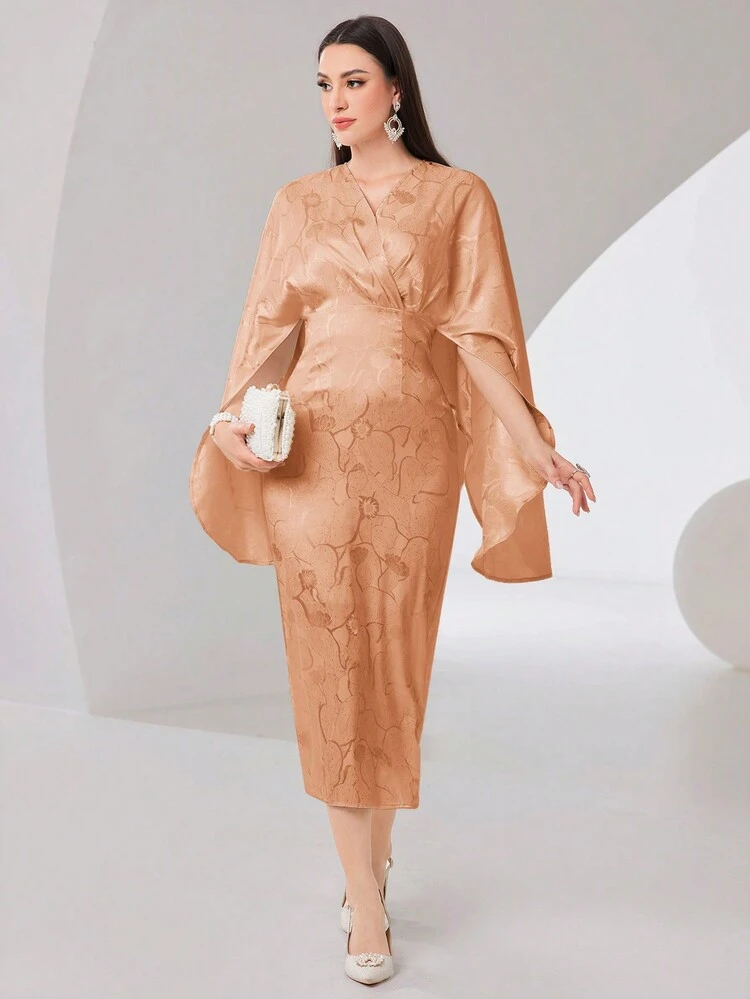 Women's Full Print Cape Sleeve Dress Long Evening Dresses
