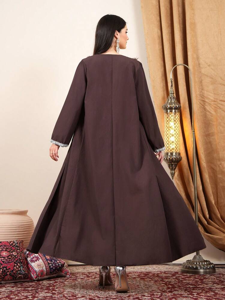 Women's Elegant Abaya With Feather Decoration, Arabian Style, Muslim Fashion Abaya For Casual/Festival/Gathering/Travel