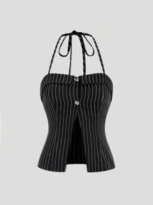 Sweetra 女士條紋露背背心和長褲套裝 - 黑色 - 查看 4