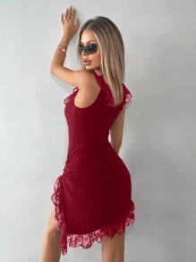 SHEIN ICON Ren tương phản Bên dây rút Viền Ruffle Váy bất đối xứng - Màu Đỏ Sâu - Xem 2