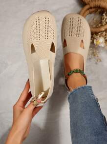 女款柔軟輕便米色平底鞋,圓頭露空呼吸低幫優雅夏季時尚平底鞋 - 米色 - 查看 2