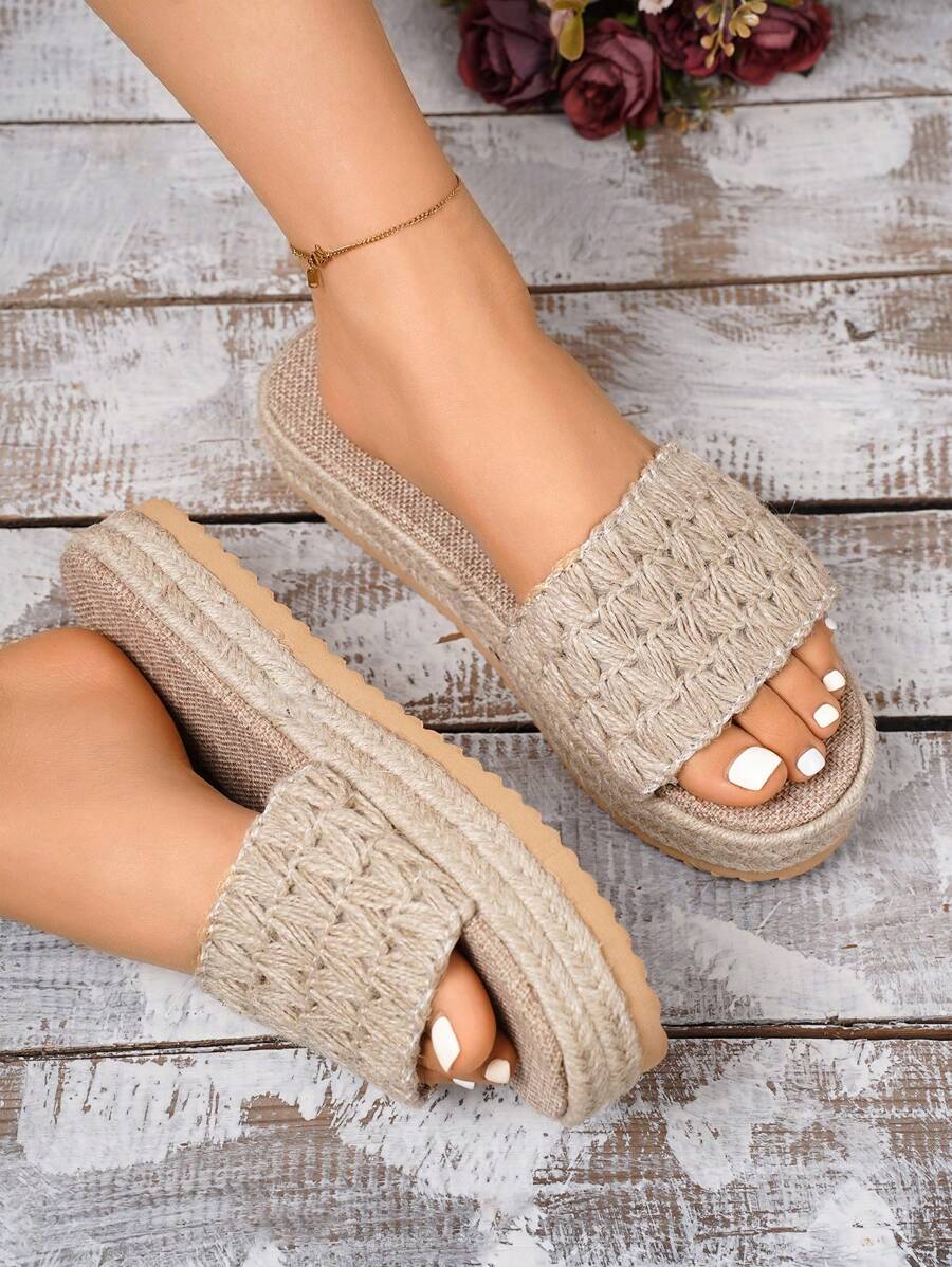 女士亞麻坡跟厚底鞋,度假風格漁夫拖鞋 - 卡其色 - 查看 1