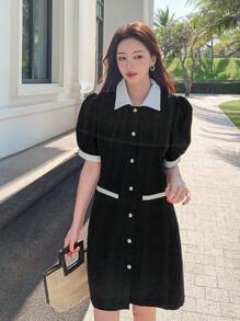 DAZY 女士短袖泡泡袖连衣裙，撞色领子，单排扣设计，适合夏季太阳裙衬衫裙 - 黑與白 - 查看 3