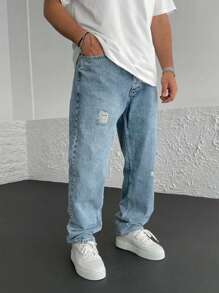 Men Ripped Straight Leg Jeans