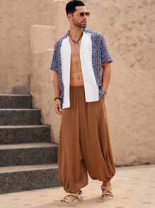 Manfinity VCAY Men's Woven Casual Drop Crotch Jogger Pants With Elastic Cuffs, For Fall - Brown - View 4