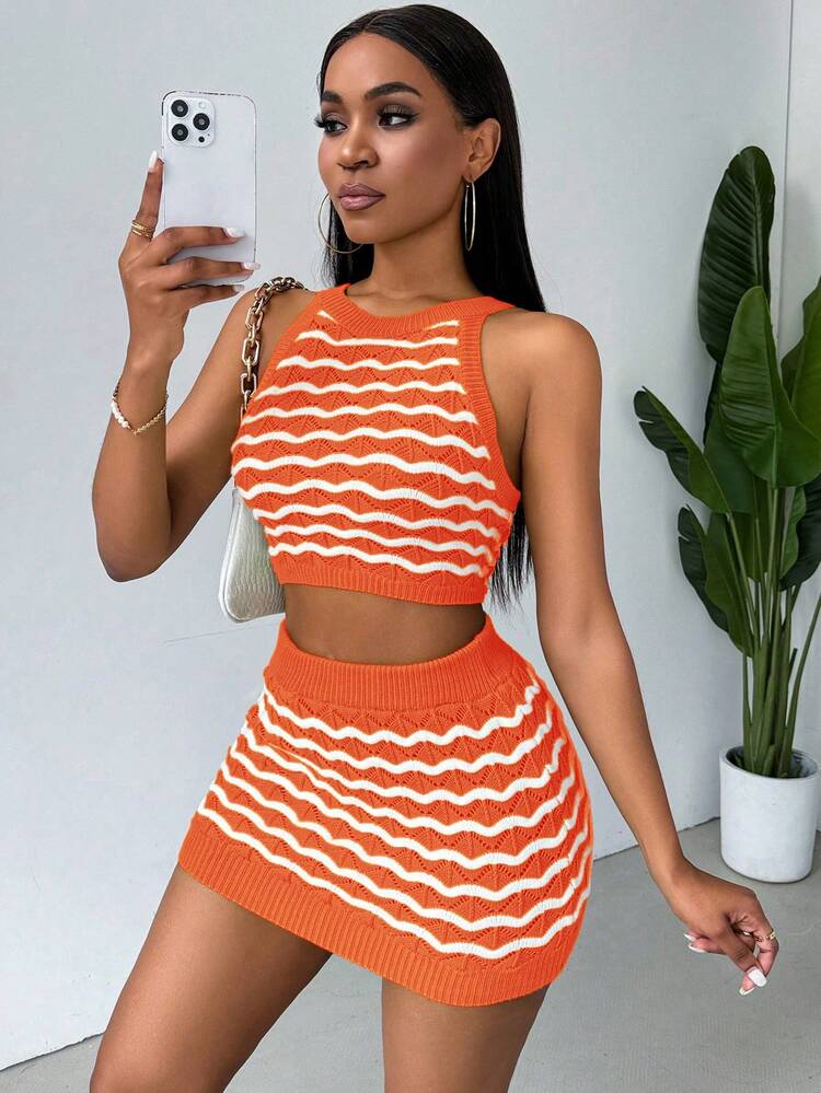 Women's Summer Wave Pattern Cropped Knitted Halter Top And Knitted Skirt Set
