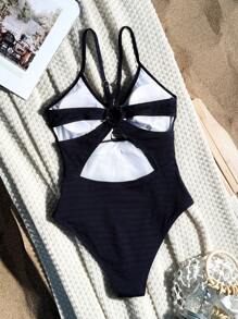 SHEIN Swim 夏季海滩纯色细肩带连体泳衣 - 藏蓝色 - 查看 6