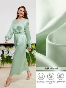 MOTF PREMIUM 絲燈籠袖扣帶連衣裙 - 綠色 - 查看 2