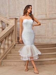 SHEIN Belle 優雅浪漫的精美華麗甜美白色低調奢華胸衣上衣高腰瘦身薄款修身擺尾網紗拼接蓬松立體馬尾綁髮拼接畢業光彩婚禮活動親子裝雞尾酒會裙裝裙子 - 白色 - 查看 4