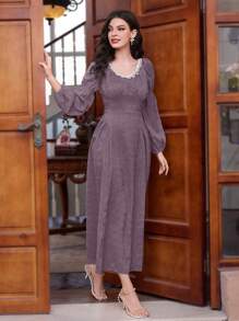 Modelyn 女士时尚夏季圆领蕾丝边收腰长裙 - 紫色 - 查看 5