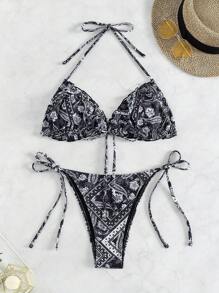 SHEIN Swim Bộ đồ bơi bikini buộc cổ họa tiết Paisley mùa hè - Đen và trắng - Xem 1