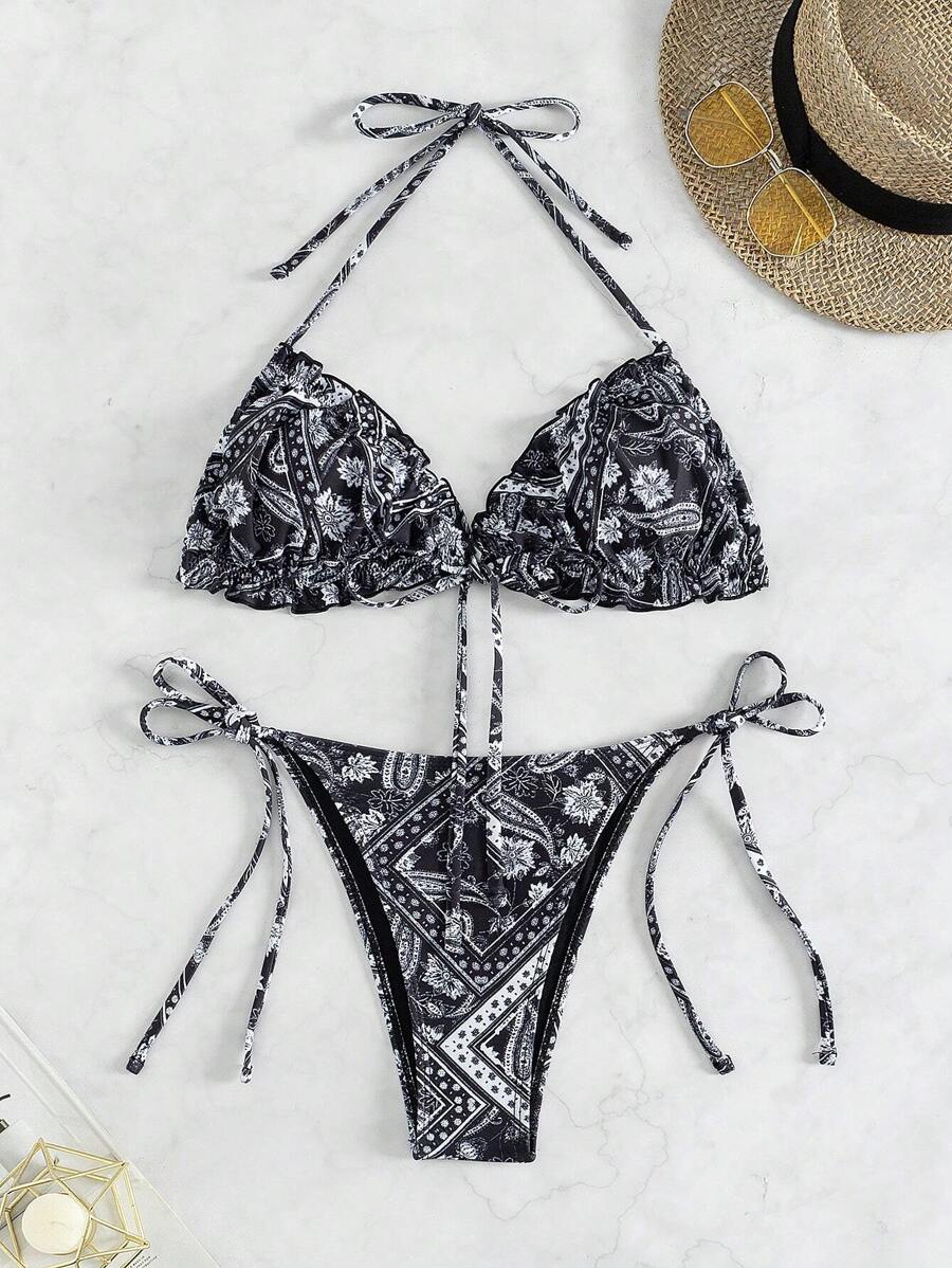 SHEIN Swim Bộ đồ bơi bikini buộc cổ họa tiết Paisley mùa hè - Đen và trắng - Xem 1