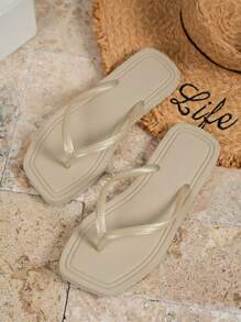 Sandalias planas tipo chanclas de moda para mujer, nuevas sandalias de verano para playa y vacaciones - Caqui - Ver 5