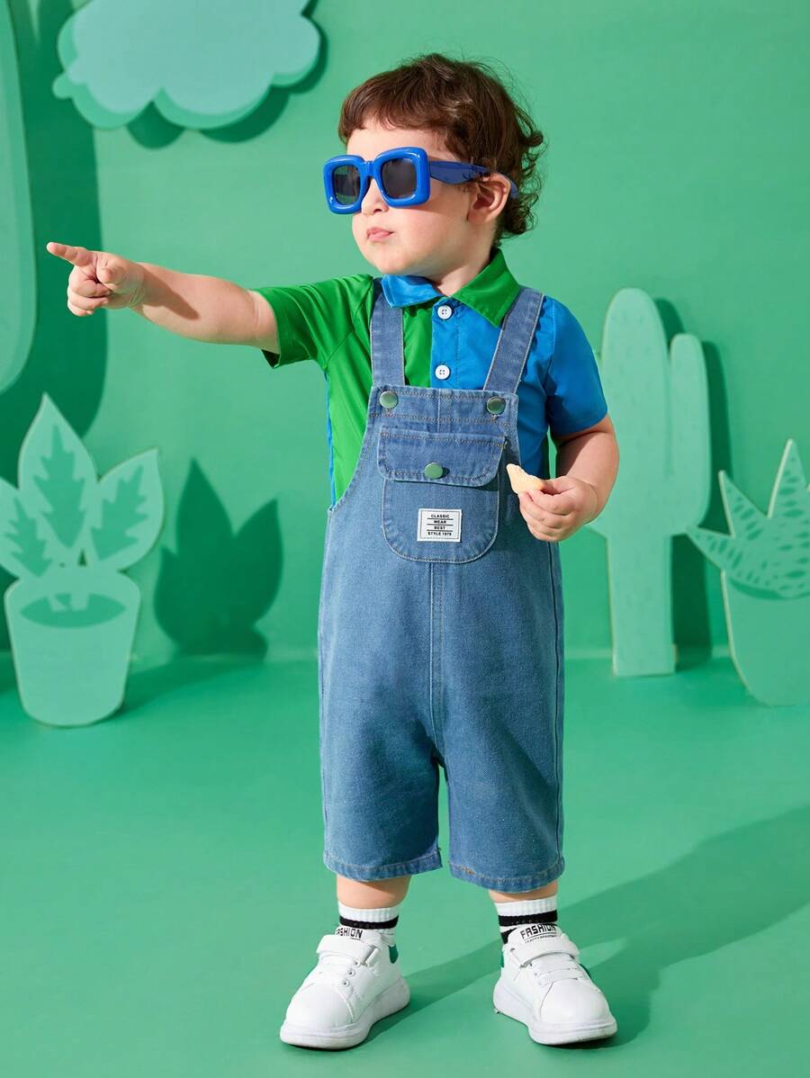 2 Piezas Vestido De Diario Primavera/verano Para Bebé Niño Que Incluye Camisa De Manga Corta Con Bloques De Color Minimalista Y Overoles De Mezclilla - Multicolor - Ver 1