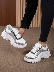 女士運動鞋，休閒高跟運動鞋，輕巧厚重氣墊鞋底，時尚潮流，適合跑步和綁鞋款式 - 白色 - 查看 1