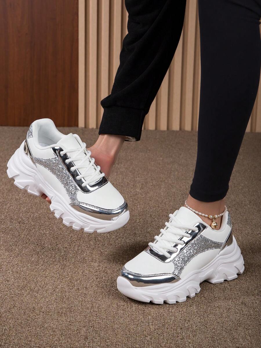 女士運動鞋，休閒高跟運動鞋，輕巧厚重氣墊鞋底，時尚潮流，適合跑步和綁鞋款式 - 白色 - 查看 1