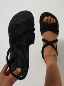 女士黑色涼鞋,幾何式度假&旅遊&日常休閒拖鞋,帶麂皮帶和麻感外底 - 黑色 - 查看 6