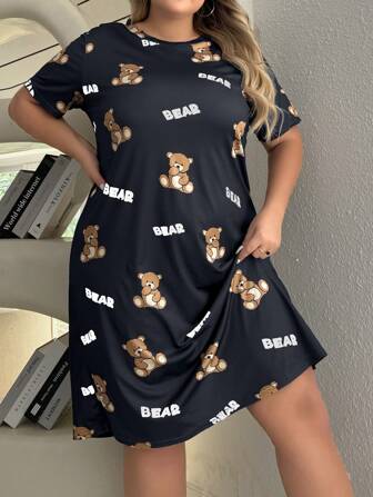 Plus Size Women's Cute Bear Print Sleep Dress Pajama Dress For Summer
