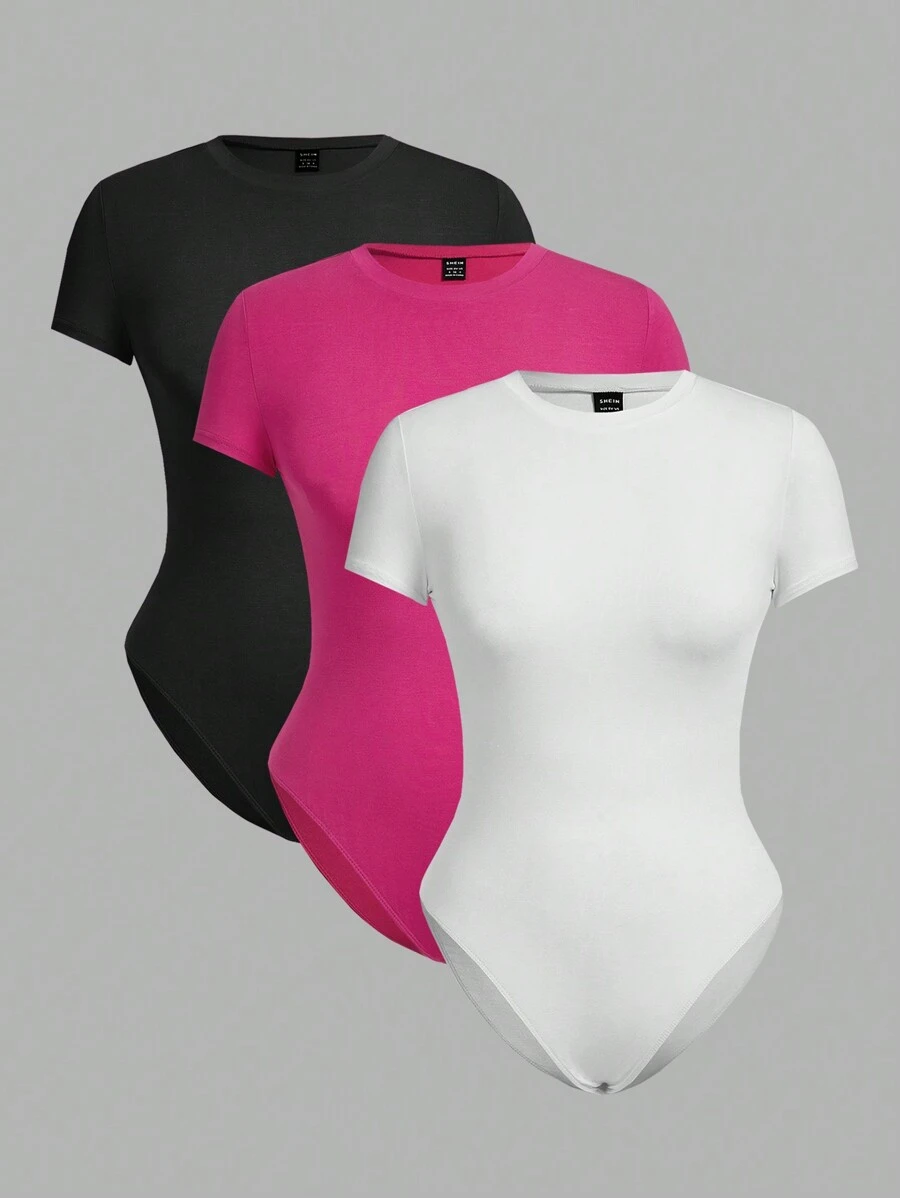 SHEIN EZwear Multicolor Knitted Skinny Bodysuit For Women - Hot Pink - View 1