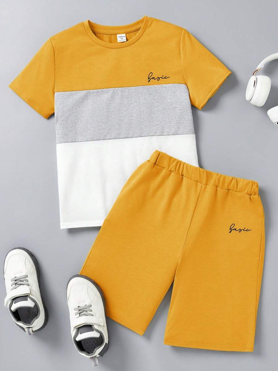 SHEIN 2pcs Setelan Kasual Sehari-hari untuk Anak Laki-Laki: Kaos Lengan Pendek Leher Bulat dengan Motif Huruf dan Celana Pendek - Kuning - View 1