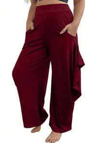SHEIN Clasi Plus Size Solid Color Wide Leg Pants With Ruffle Hem Fall Cloth For Women - Burgundy - View 4