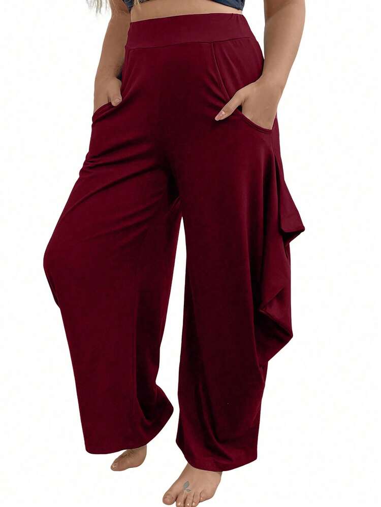 Plus Size Solid Color Wide Leg Pants With Ruffle Hem Fall Cloth For Women