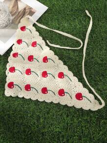 波西米亚风 1 件针织樱桃设计音乐节头巾头带草莓情人节情人节发巾，头巾秋冬发带发饰女士度假装女士 - 米色 - 查看 3