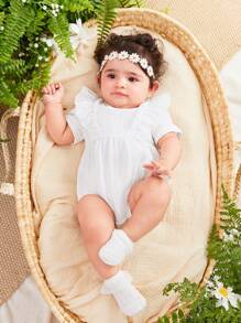 SHEIN 新生女婴白色流苏连体衣，饰有荷叶边和花边圆领，腰部收紧设计 - 白色 - 查看 7