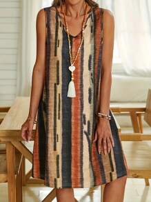 女士直條紋無袖V領連衣裙