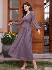 Modelyn 女士时尚夏季圆领蕾丝边收腰长裙 - 紫色 - 查看 6