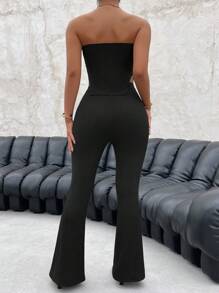 SHEIN SXY Bộ áo bó sát màu trơn không dây thời trang dành cho nữ và quần ống loe - màu đen - Xem 2