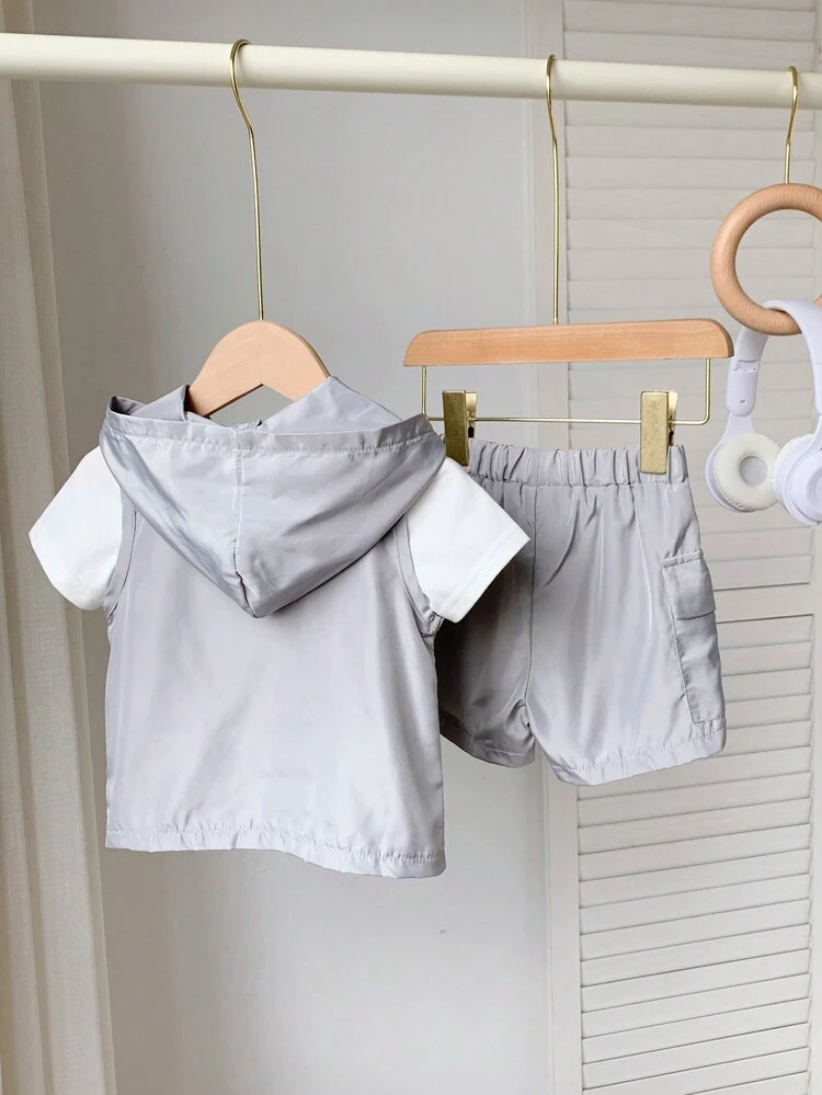 Baby Boy Flap Pocket Half Zipper Placket Hooded Top & Short Sleeve Tee & Shorts