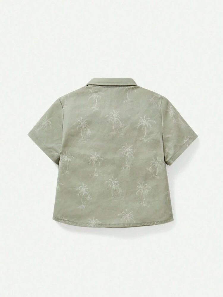 Baby Boy Leisure Coconut Tree Pattern Patch Pocket Button-Front Shirt